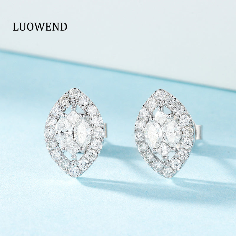 LUOWEND 18K White Gold Real Natural Diamond Stud Earrings for Women