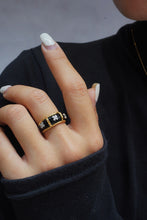 Load image into Gallery viewer, LUOWEND 18K Yellow Gold Real Natural Black Agate and Diamond Gemstone Ring for Women
