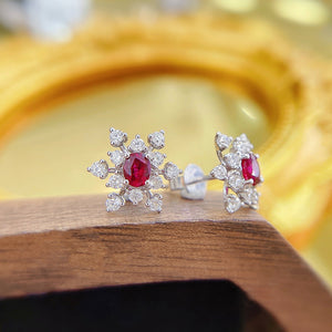 LUOWEND 18K White Gold Real Natural Ruby and Diamond Gemstone Earrings for Women