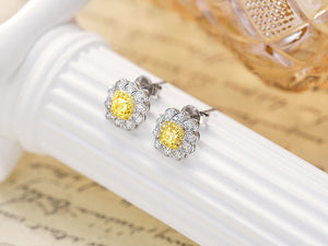 LUOWEND 18K White Gold Real Natural Yellow Diamond Stud Earrings for Women