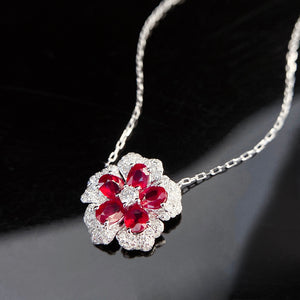 LUOWEND 18K White Gold Real Natural Ruby and Diamond Gemstone Necklace for Women