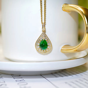 LUOWEND 18K Yellow Gold Real Natural Emerald Gemstone Necklace for Women