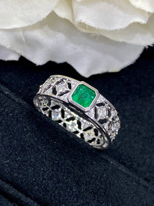 LUOWEND 18K White Gold Real Natural Emerald Gemstone Ring for Women