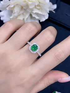 LUOWEND 18K White and Yellow Gold Real Natural Emerald Gemstone Ring for Women