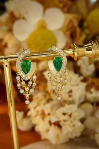 LUOWEND 18K Yellow Gold Real Natural Emerald and Diamond Gemstone Earrings for Women