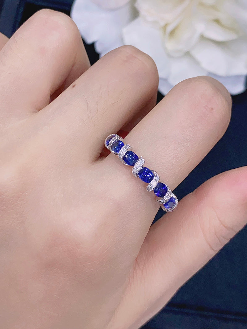 LUOWEND 18K White Gold Real Natural Sapphire Gemstone Ring for Women