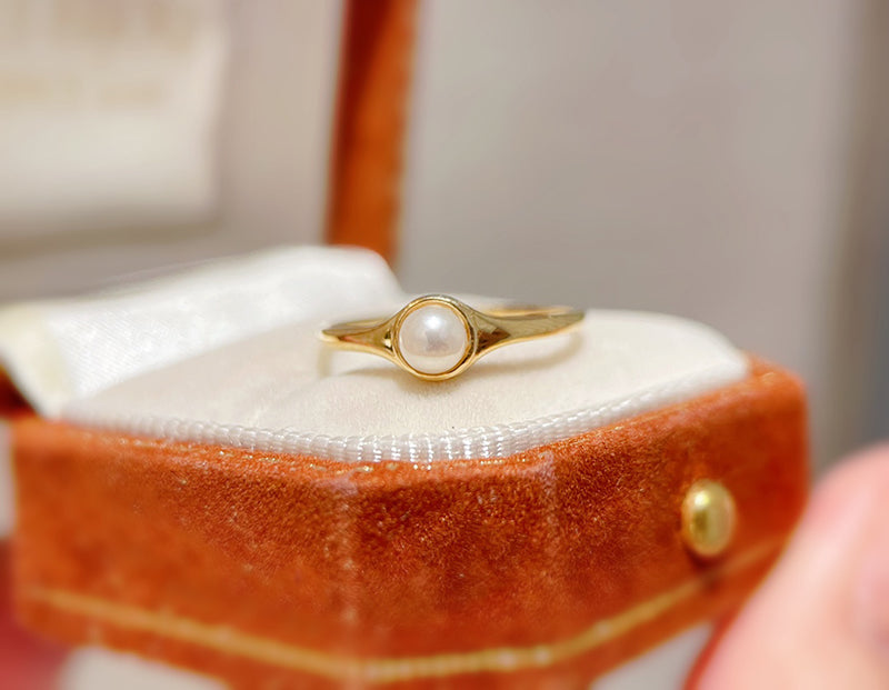 LUOWEND 18K Yellow or Rose Gold Real Natural Pearl Ring for Women