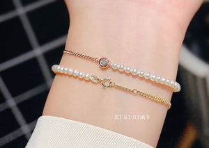 LUOWEND 18K Yellow Gold Real Natural Diamond and Pearl Bracelet for Women
