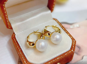 LUOWEND 18K Yellow Gold Real Natural Pearl Hoop Earrings for Women