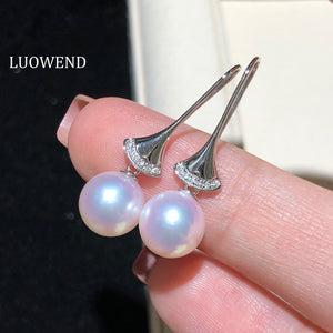 LUOWEND 18K White Gold Real Natural Akoya Pear Earrings for Women