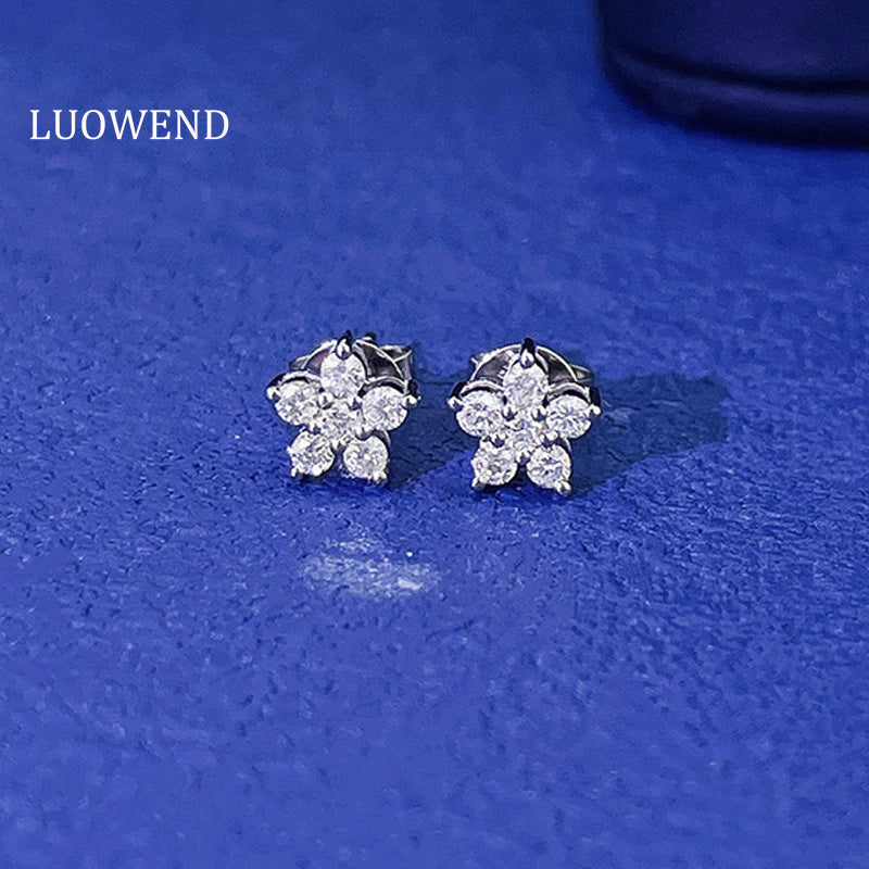 LUOWEND 18K White Gold Real Natural Diamond Stud Earrings for Women