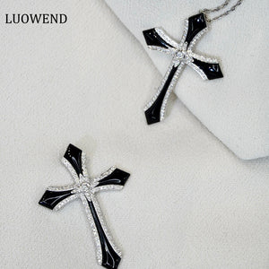 LUOWEND 18K White Gold Real Natural Diamond and Onyx Pendant Necklace for Women