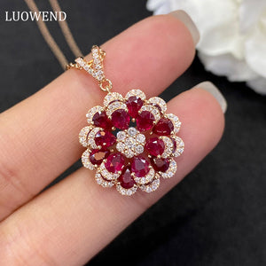 LUOWEND 18K Rose Gold Real Natural Ruby Gemstone Necklace for Women