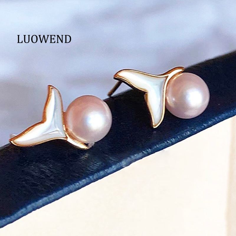 LUOWEND 18K White Gold Real Natural Akoya Pearl Earrings for Women