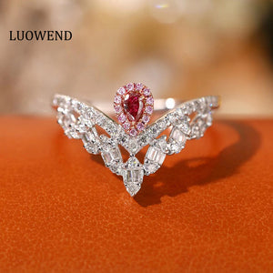 LUOWEND 18K White Gold Real Natural Pink Diamond Ring for Women