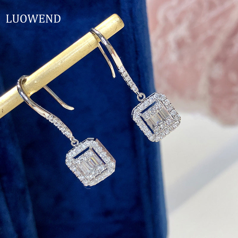 LUOWEND 18K White Gold Real Natural Diamond Drop Earrings for Women