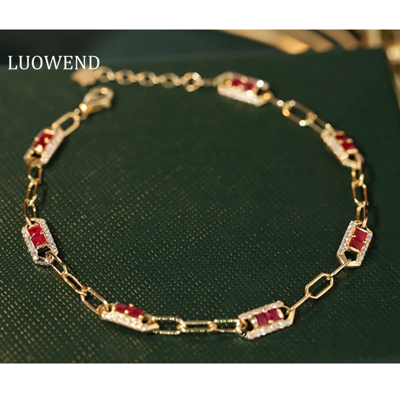 LUOWEND 18K Yellow Gold Real Natural Ruby and Diamond Gemstone Bracelet for Women