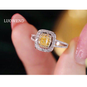 LUOWEND 18K White Gold Real Natural Yellow Diamond Ring for Women