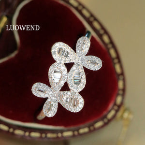 LUOWEND 18K White Gold Natural Diamond Ring for Women