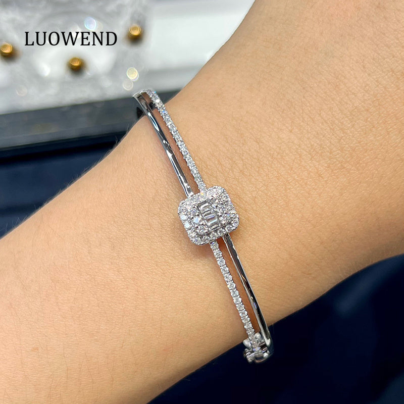 LUOWEND 18K White Gold Real Natural Diamond Bangle for Women
