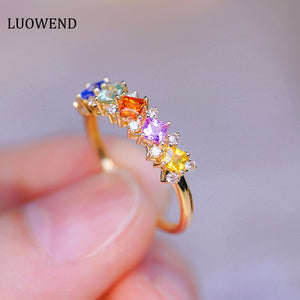 LUOWEND 18K Yellow Gold Real Natural Aquamarine and Diamond Gemstone Ring for Women