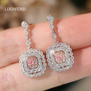 LUOWEND 18K White Gold Real Natural Pink Diamond Stud Earrings for Women