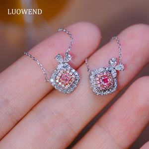 LUOWEND 18K White Gold Real Natural Pink Diamond Pendant Necklace for Women