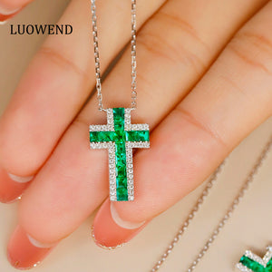 LUOWEND 18K White Gold Real Natural Emerald Necklace for Women