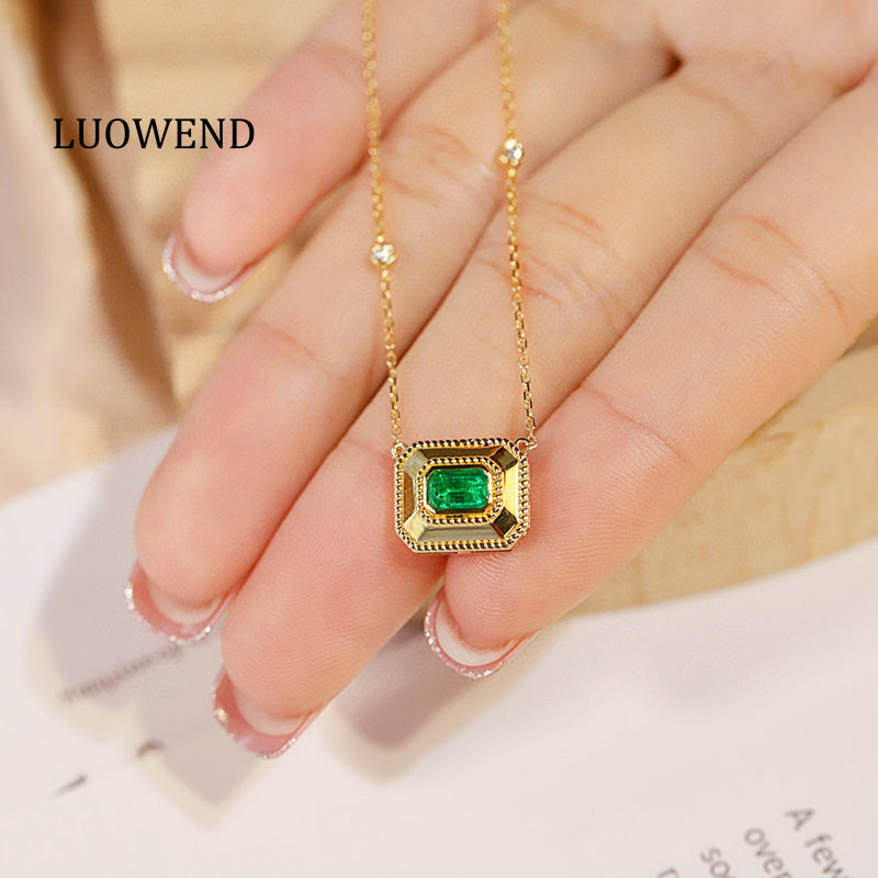 LUOWEND 18K Yellow Gold Real Natural Diamond&Emerald Necklace for Women