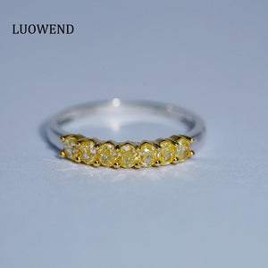 LUOWEND 18K White Gold Real Natural Yellow Diamond Ring for Women