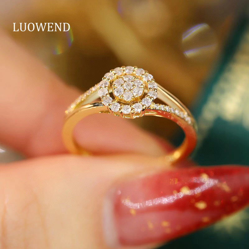 LUOWEND 18K White or Yellow Gold Real Natural Diamond Ring for Women