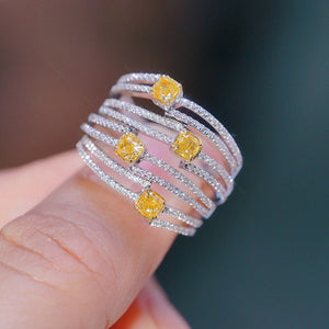 LUOWEND 18K White Gold Real Natural Yellow Diamond Ring for Women