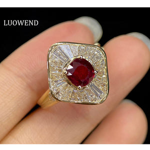 LUOWEND 18K Yellow Gold Real Natural Ruby Gemstone Ring for Women