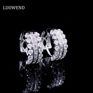 LUOWEND 18K White Gold Real Natural Diamond Hoop Earrings for Women