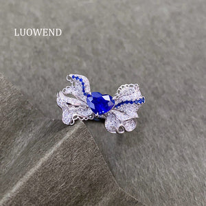 LUOWEND 18K White Gold Natural Sapphire and Diamond Ring for Women