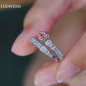 LUOWEND 18K White Gold Real Natural Pink Diamond Ring for Women