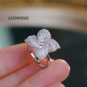 LUOWEND 18K White Gold Natural Diamond Ring for Women