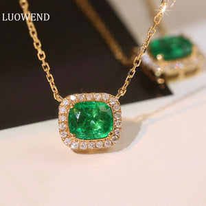 LUOWEND 18K Yellow Gold Real Natural Emerald and Diamond Gemstone Necklace for Women