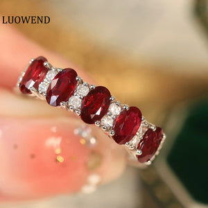 LUOWEND 18K White Gold Real Natural Ruby and Diamond Gemstone Ring for Women