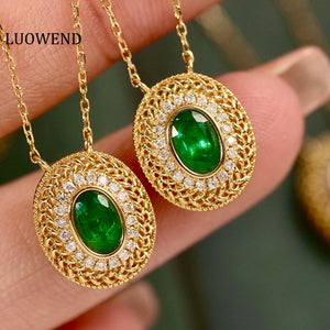 LUOWEND 18K Yellow Gold Real Natural Emerald and Diamond Gemstone Necklace for Women