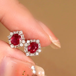 LUOWEND 18K White Gold Real Natural Ruby and Diamond Stud Earrings for Women