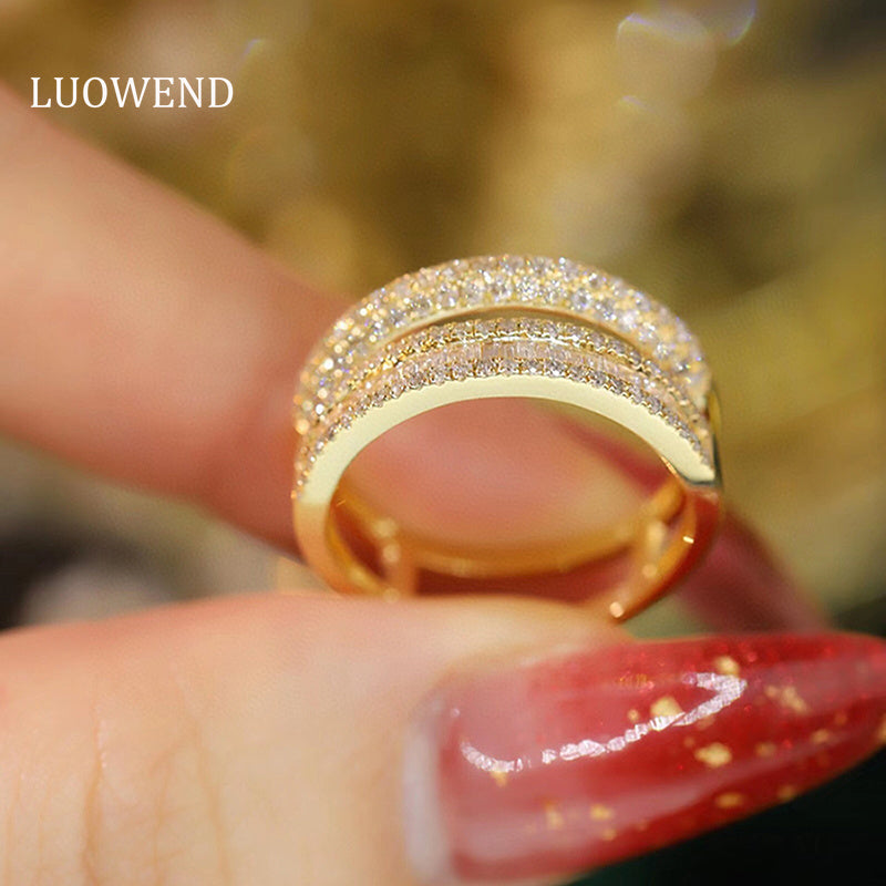 LUOWEND 18K White or Yellow Gold Real Natural Diamond Ring for Women