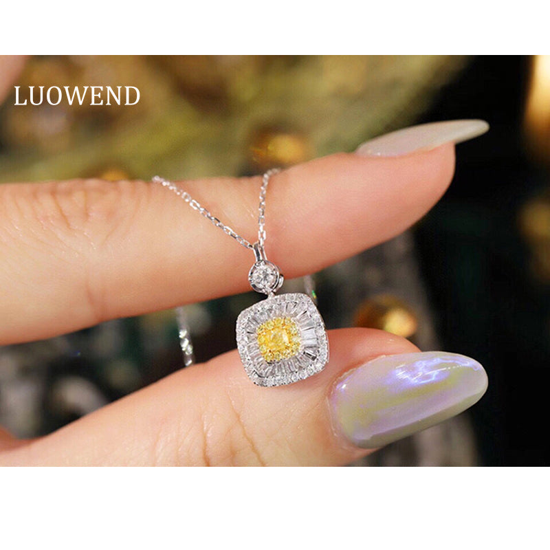 LUOWEND 18K White Gold Real Natural Yellow Diamond Pendant Necklace for Women