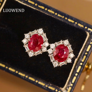 LUOWEND 18K White Gold Real Natural Ruby and Diamond Stud Earrings for Women
