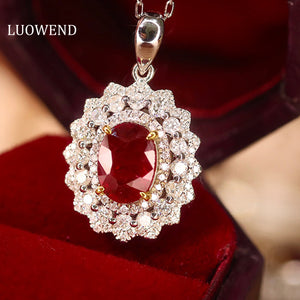 LUOWEND 18K White and Yellow Gold Real Natural Ruby and Diamond Gemstone Necklace for Women