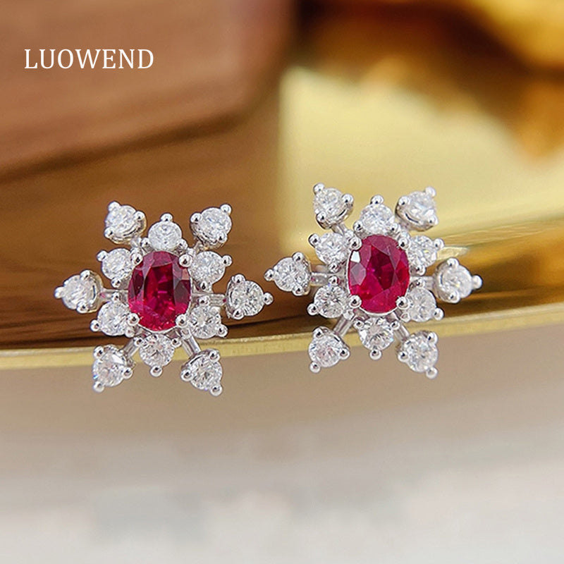 LUOWEND 18K White Gold Real Natural Ruby and Diamond Gemstone Earrings for Women