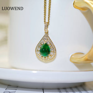 LUOWEND 18K Yellow Gold Real Natural Emerald Gemstone Necklace for Women