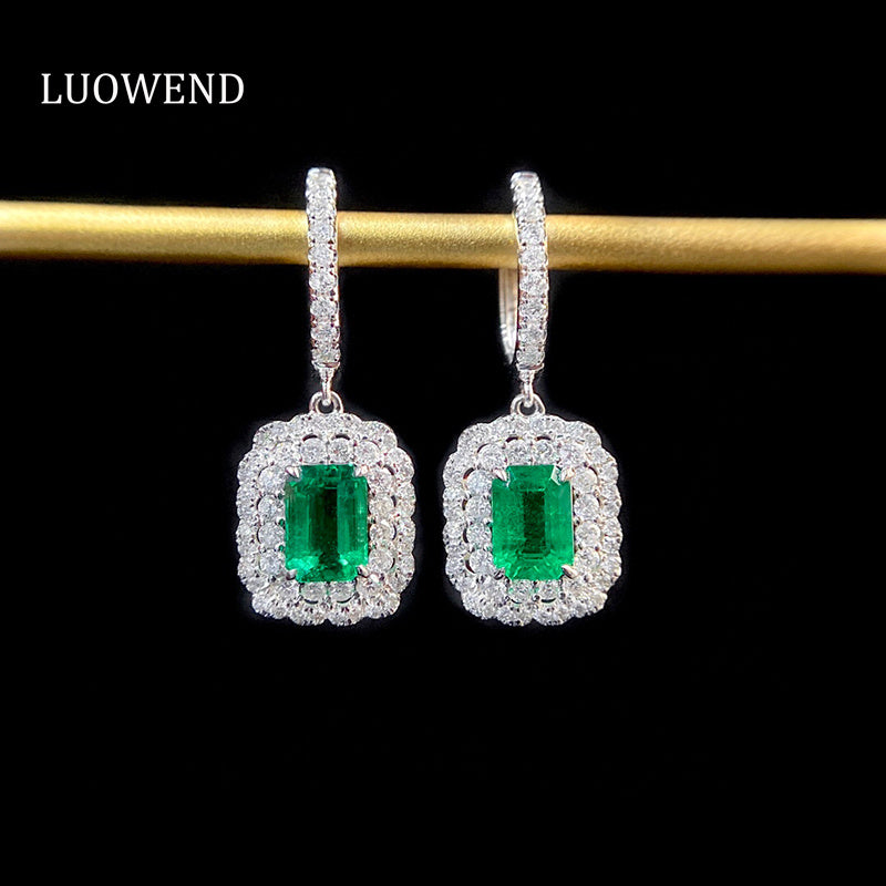 LUOWEND 18K White Gold Real Natural Emerald and Diamond Gemstone Earrings for Women