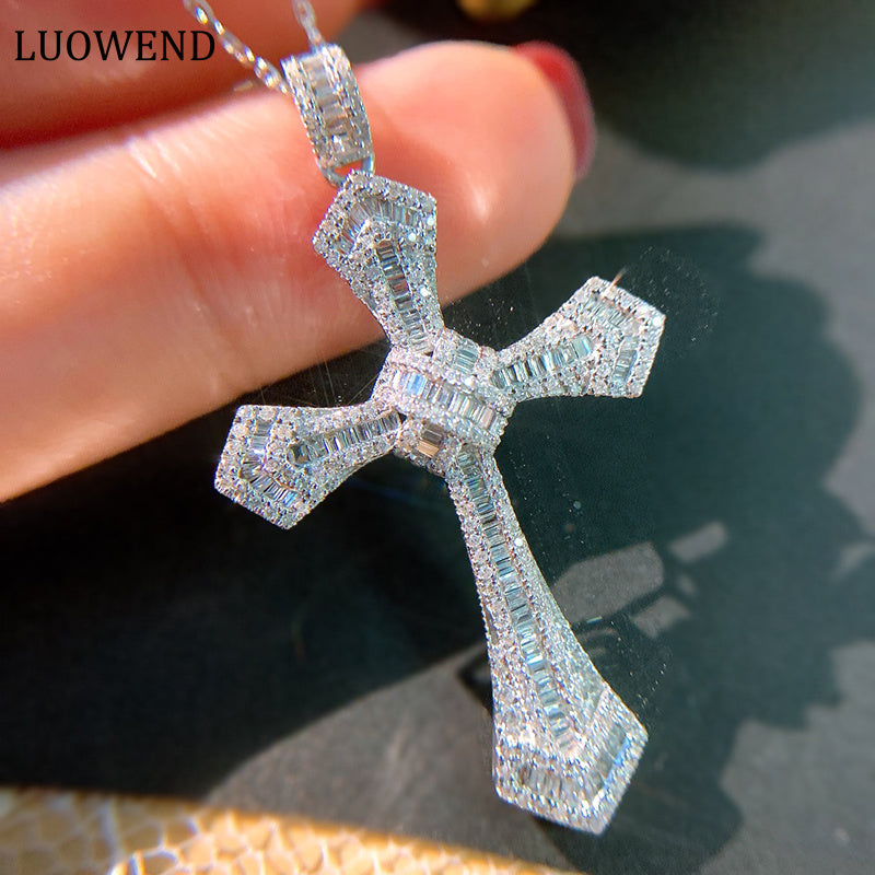 LUOWEND 18K White Gold Real Natural Diamond Cross Pendant Necklace for Women