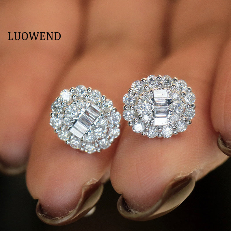 LUOWEND 18K White Gold Real Natural Diamond Stud Earrings for Women